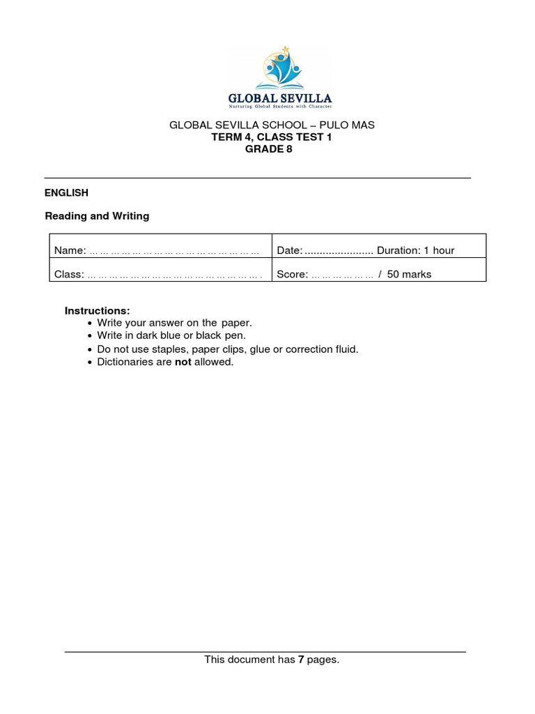 GRADE 8 ENGLISH TEST WITH ANSWERS PDF 2022 intelligence overview