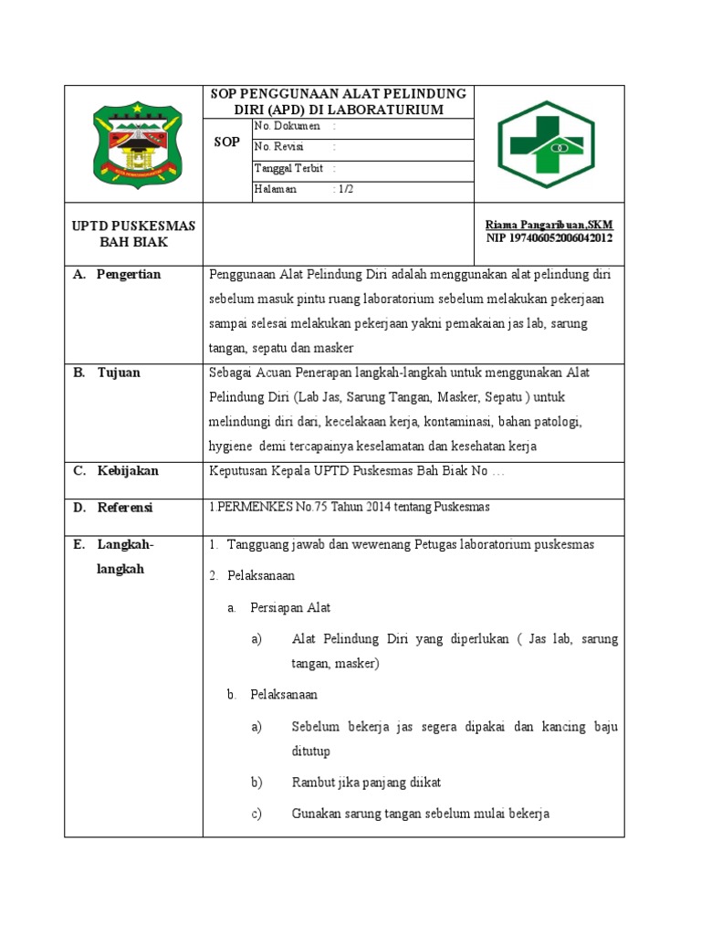 SOP Penggunaan APD di Laboratorium | PDF | Sains & Matematika