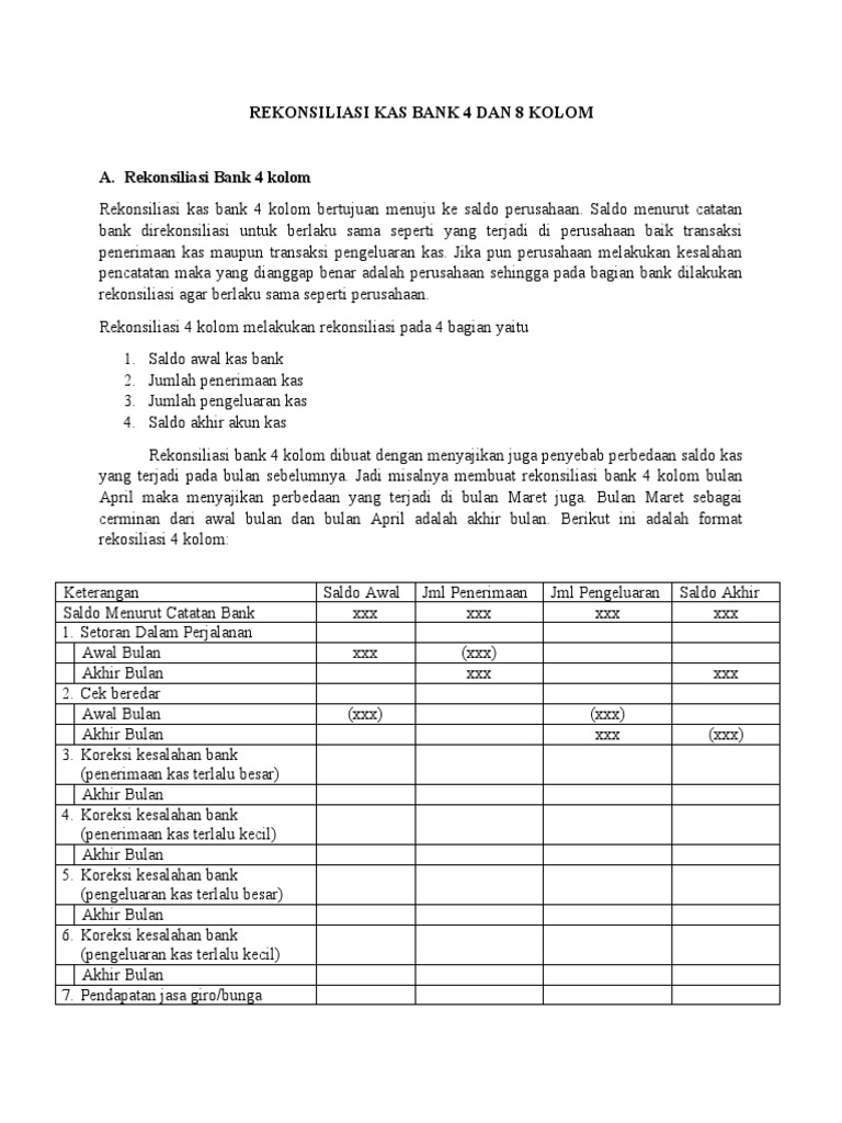 Rekonsiliasi Kas Bank 4 Kolom | PDF