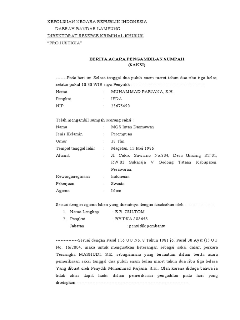 Berita Acara Pengambilan Sumpah Saksi | PDF