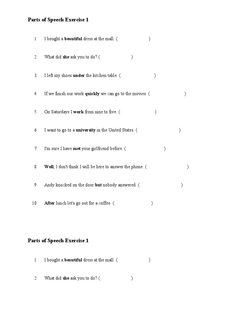 Parts of Speech Exercise 1 PDF