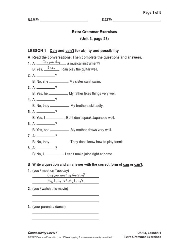 Extra Grammar Exercises (Unit 3, Page 28) LESSON 1 Can and Can't For ...