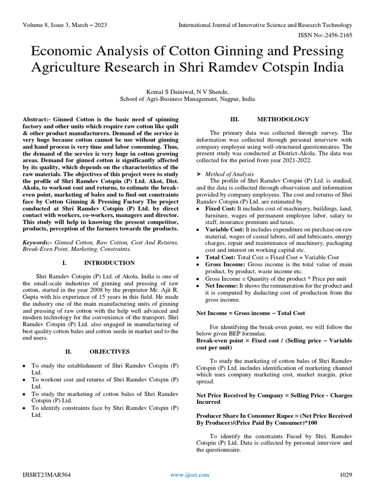 Economic Analysis of Cotton Ginning and Pressing Agriculture Research