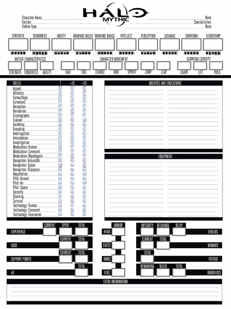 Halo Mythic 2.0 Beta Character Sheet Black and White PDF