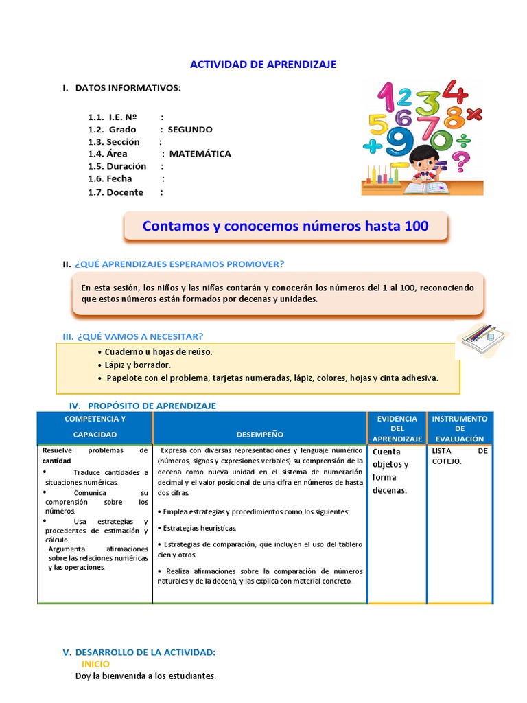 Contamos y Conocemos Números hasta 100 | PDF | Evaluación | Aprendizaje