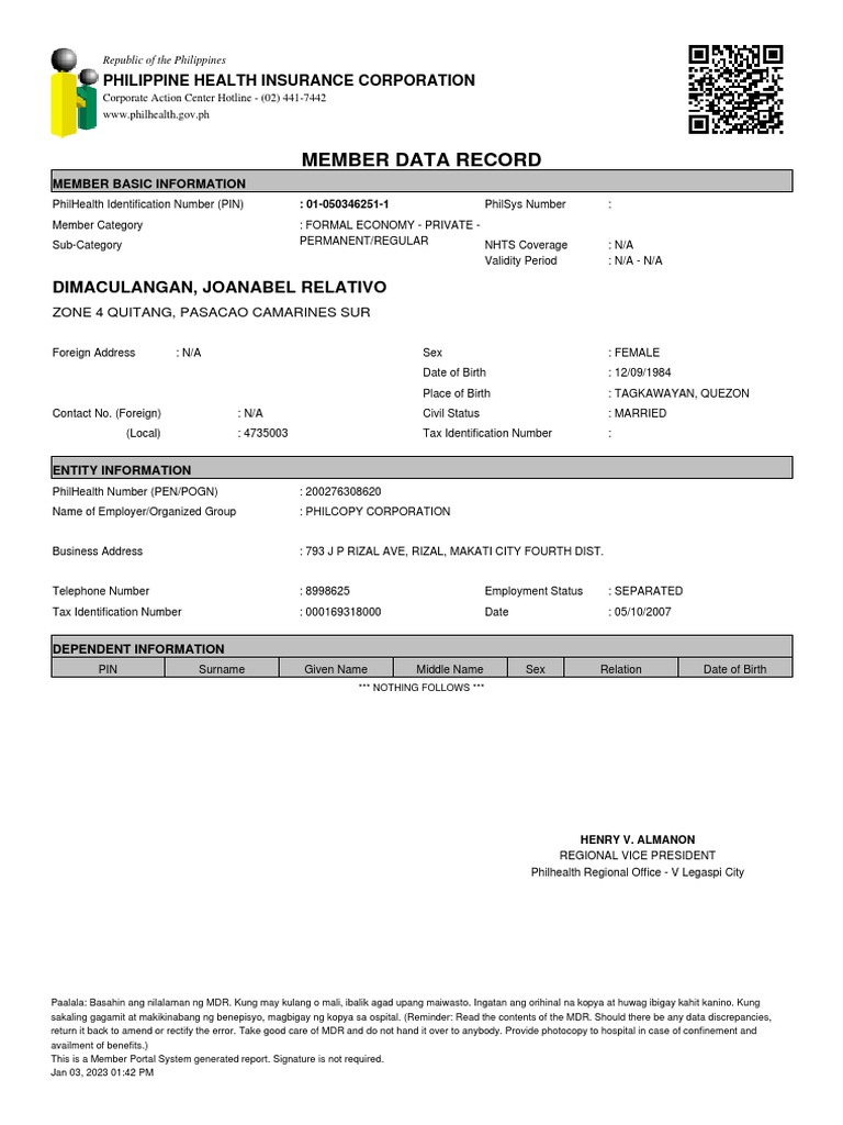 Member data record dimaculangan joanabel relativo pdf social