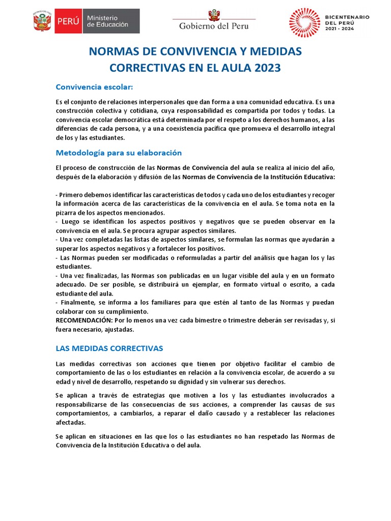 Normas de Convivencia y Medidas Correctivas en El Aula 2023 PDF ...