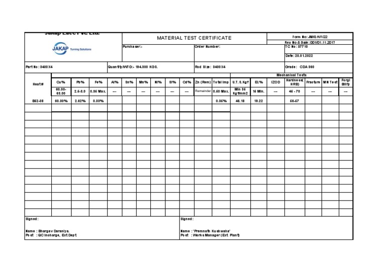 Material Test Certificate for Brass Rods PDF Chemistry Physical Sciences
