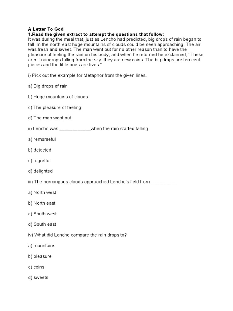 A Letter To God 1.read The Given Extract To Attempt The Questions That