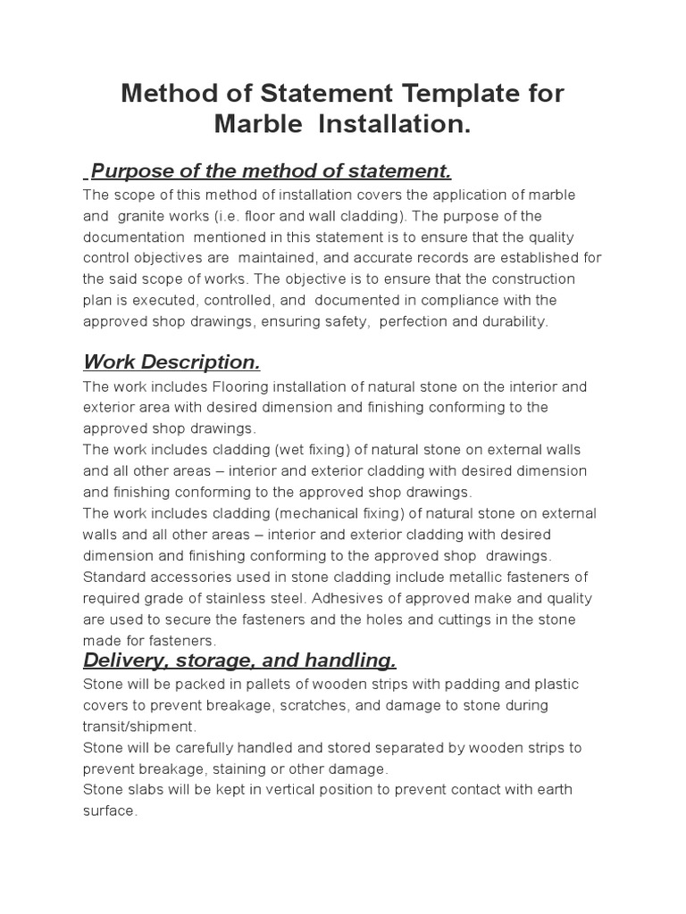 Marble Installation Method Statement | PDF | Concrete | Tile