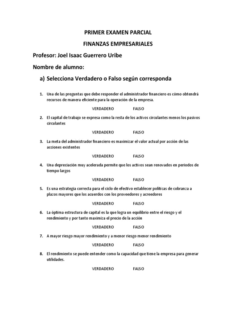 Examen Parcial de Finanzas Empresariales | PDF | Capital de trabajo ...