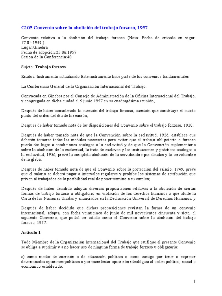 OIT Convenio 105 Sobre La Abolicion Trabajo Forzoso PDF Esclavitud