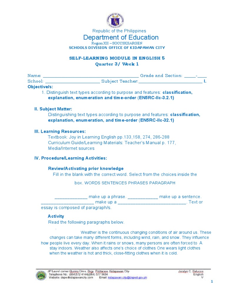English 5 Q3 Week 1 Module | PDF | Digestion | Light