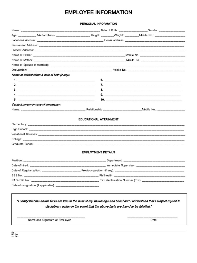 Employee Information Sheet PDF Business