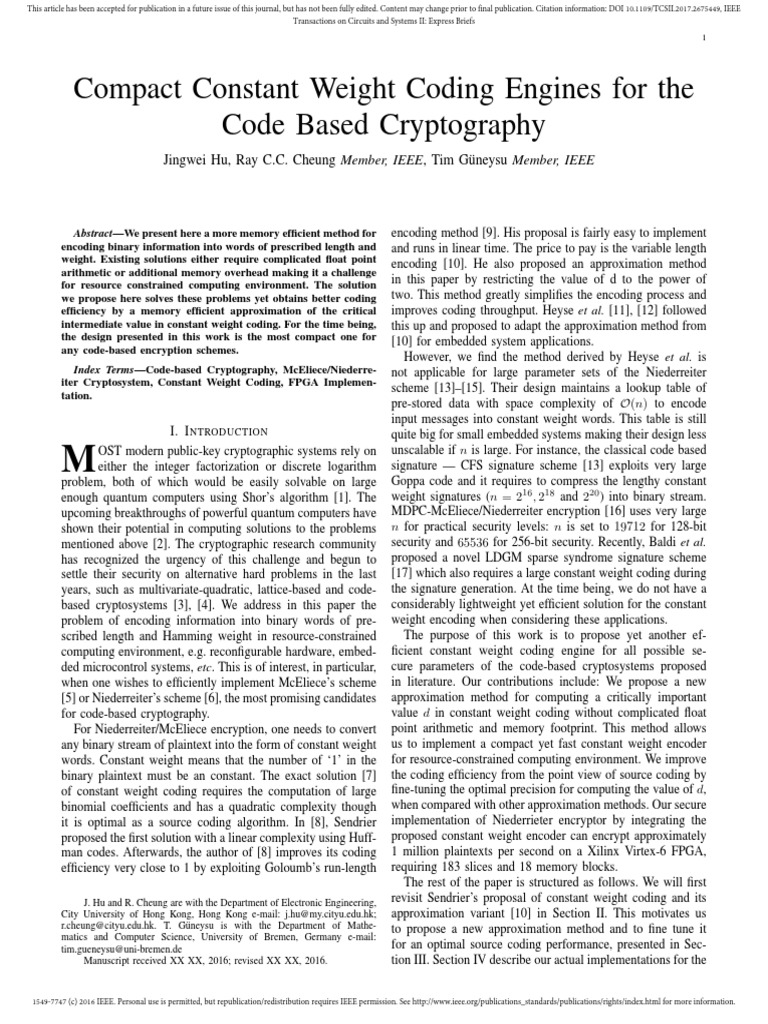 Memory efficient constant weight coding for code based cryptography