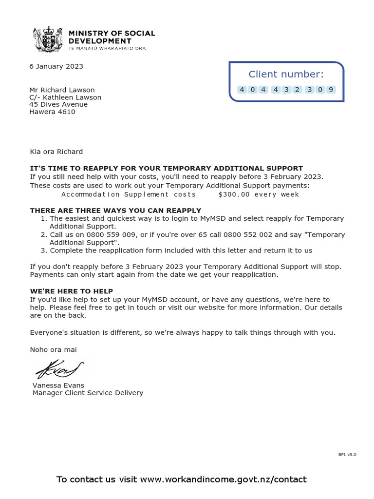 Client Number:: To Contact Us Visit WWW - Workandincome.govt - Nz 