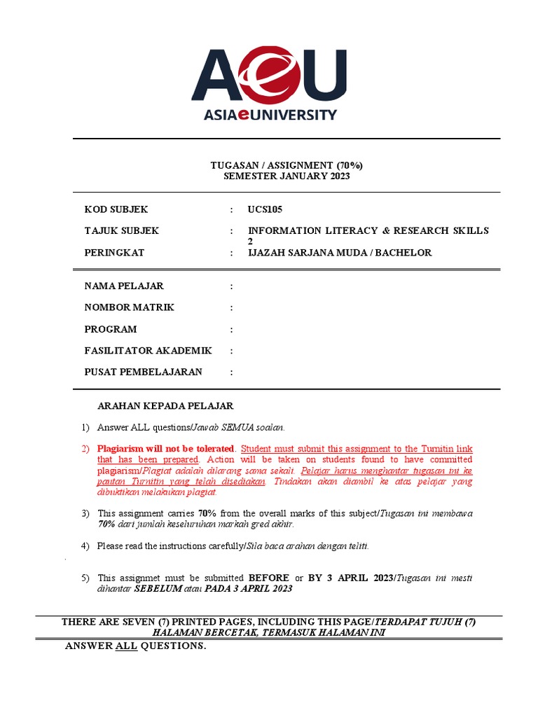 Ucs105 Assignment Jan23 | PDF | Apa Style | Academic Journal