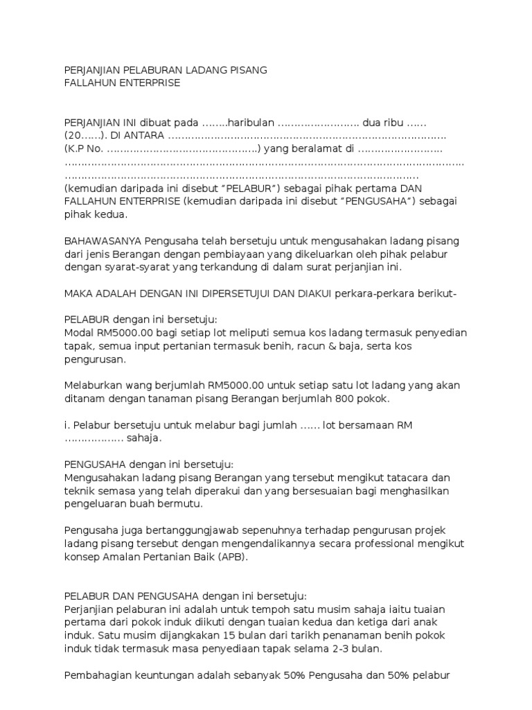 Contoh Surat Perjanjian Pelaburan Modal Contoh Surat Perjanjian - Riset
