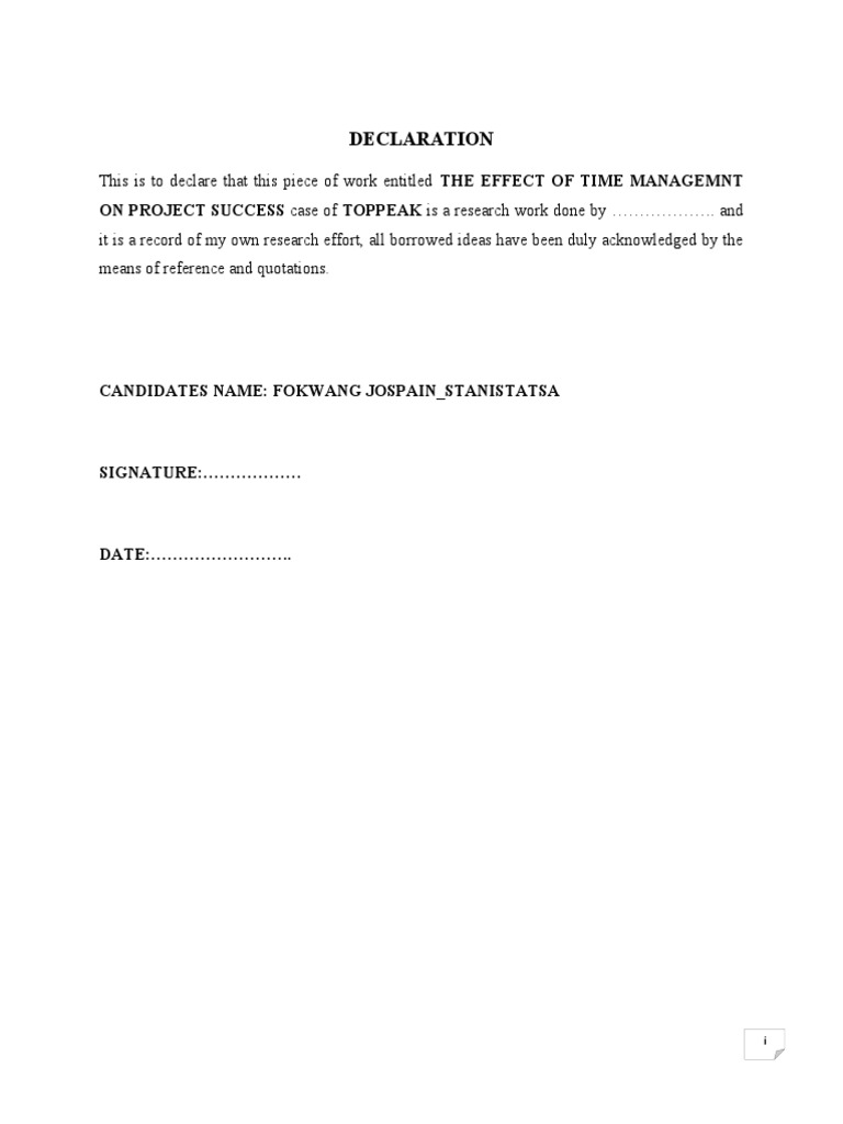 Declaration on project success case of toppeak is a research work done