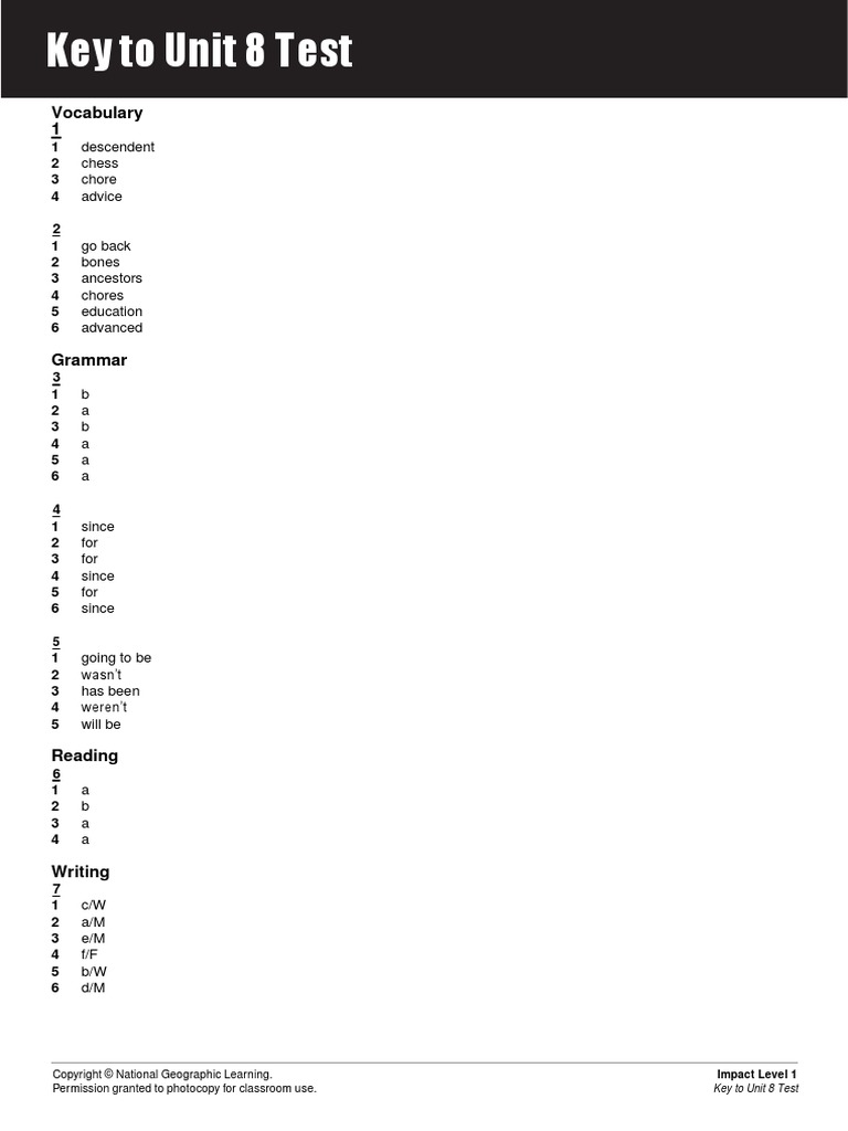 Impact Level 1 Unit 8 Test Answerkey 0 PDF | PDF