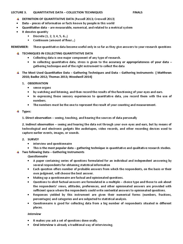 Lecture 3 Finals Quantitative Data Collection Techniques PDF