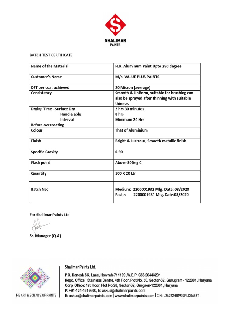 H.R. Aluminum Paint Batch Test Certificate | PDF | Building Materials ...