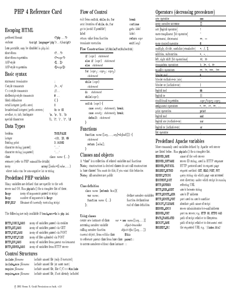 PHP 4 Reference Card | PDF