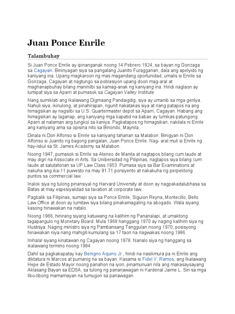 Juan Ponce Enrile: Talambuhay | PDF