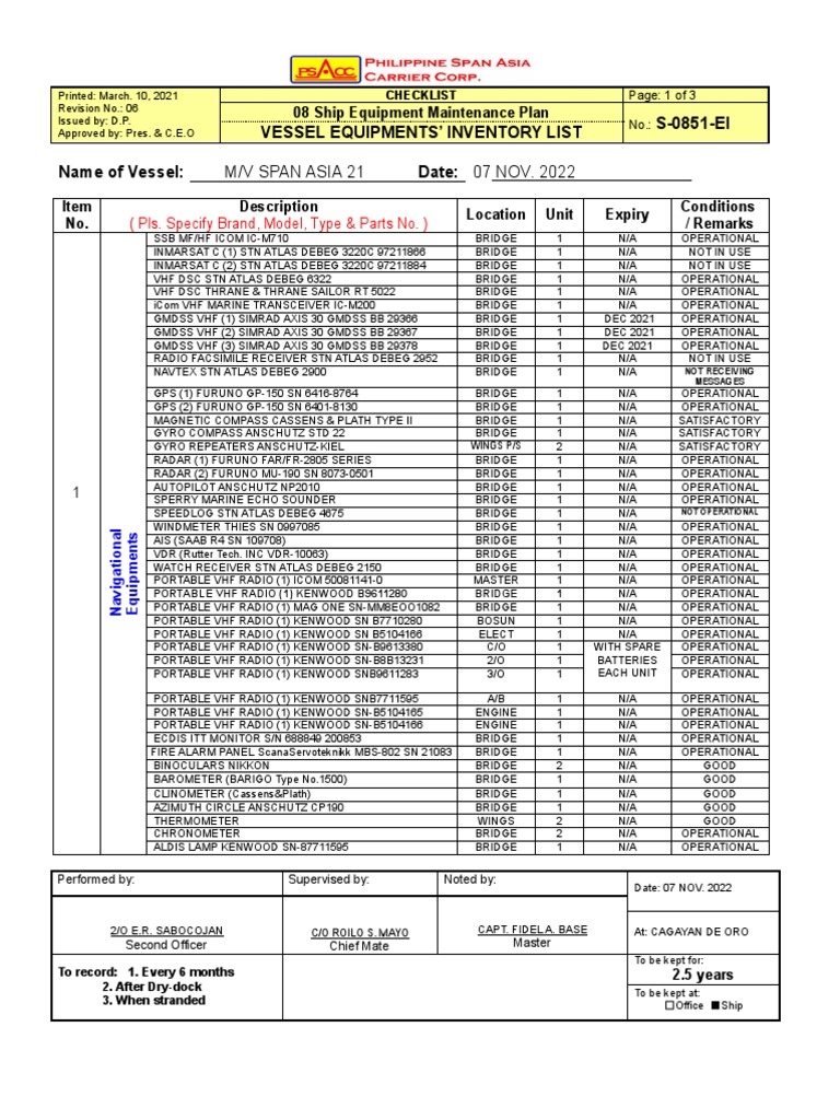 Vessel Equipment Inventory List Nov. 22,2022 | PDF | Equipment