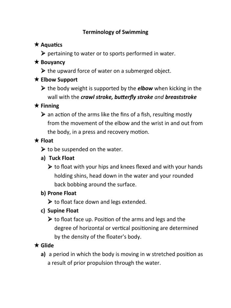 Terminology of Swimming PDF Water Sports Athletic Sports