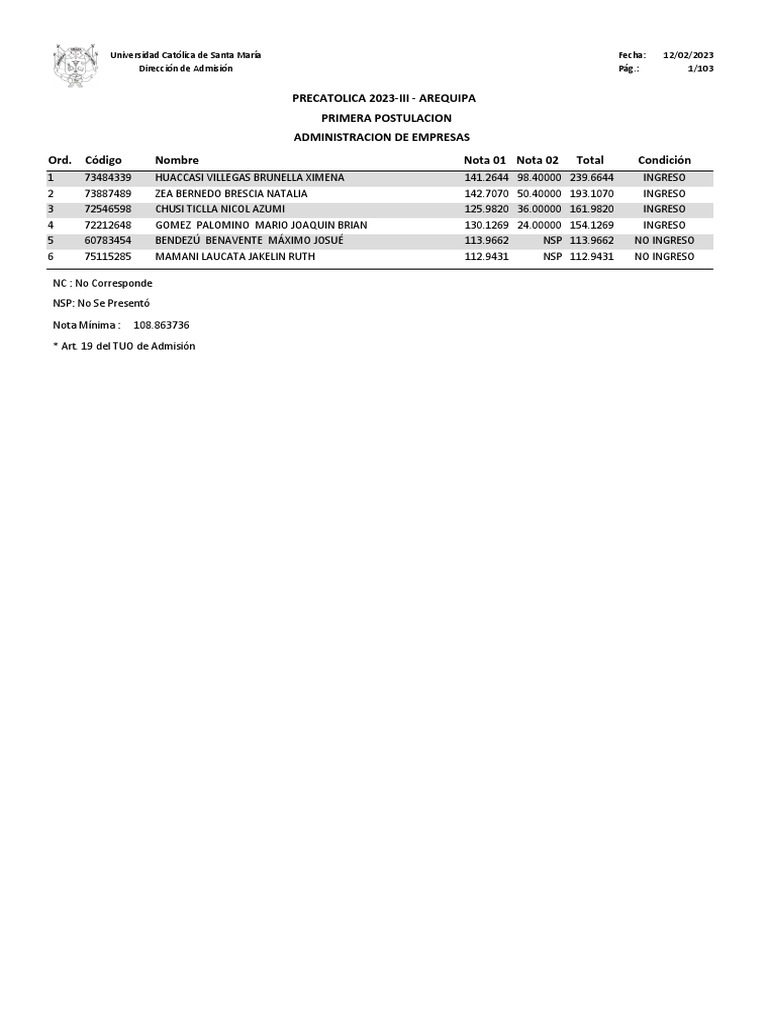 Primera Postulacion Precatolica 2023Iii Arequipa PDF