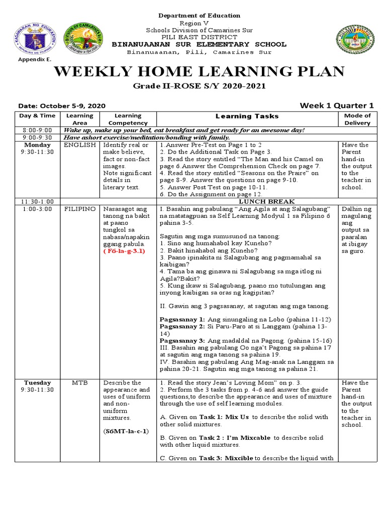 Weekly Home Learning Plan for Grade 6 | PDF | Cognition