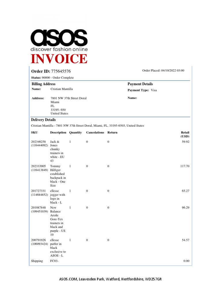 ASOS Invoice for Cristian Mantilla | PDF