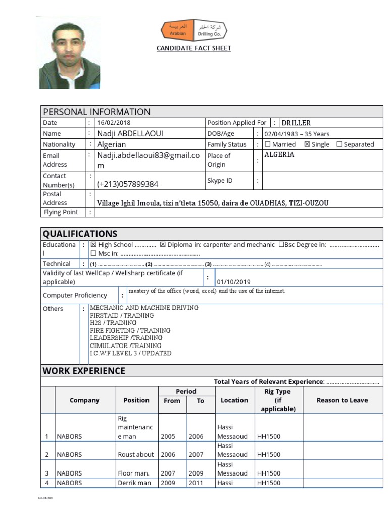 Personal Information Candidate Fact Sheet PDF Oil Well Drilling Rig
