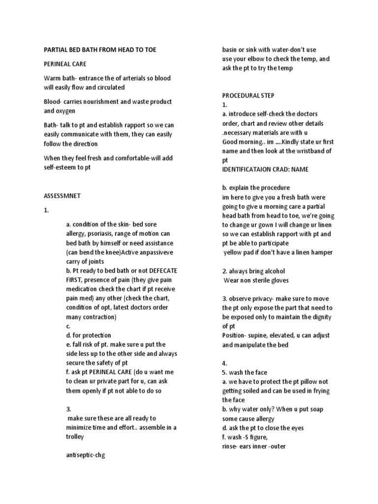 Partial Bed Bath From Head To Toe PDF Clinical Medicine Medical