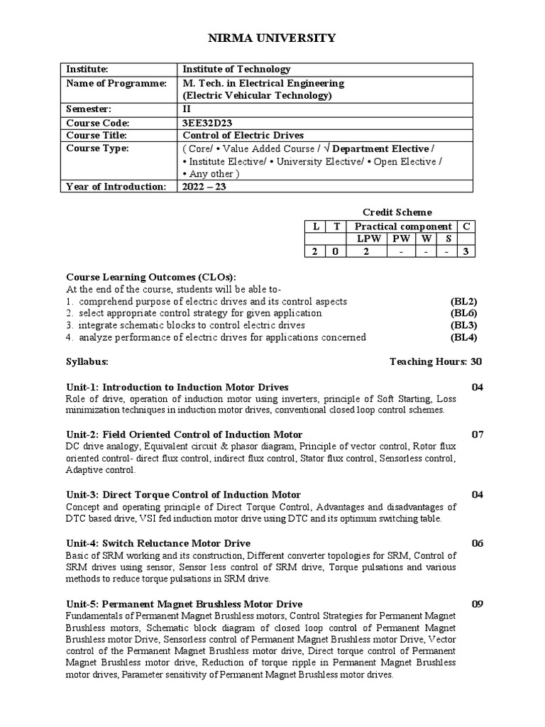 Syllabus Control of Electric Drives PDF Electric Motor Devices