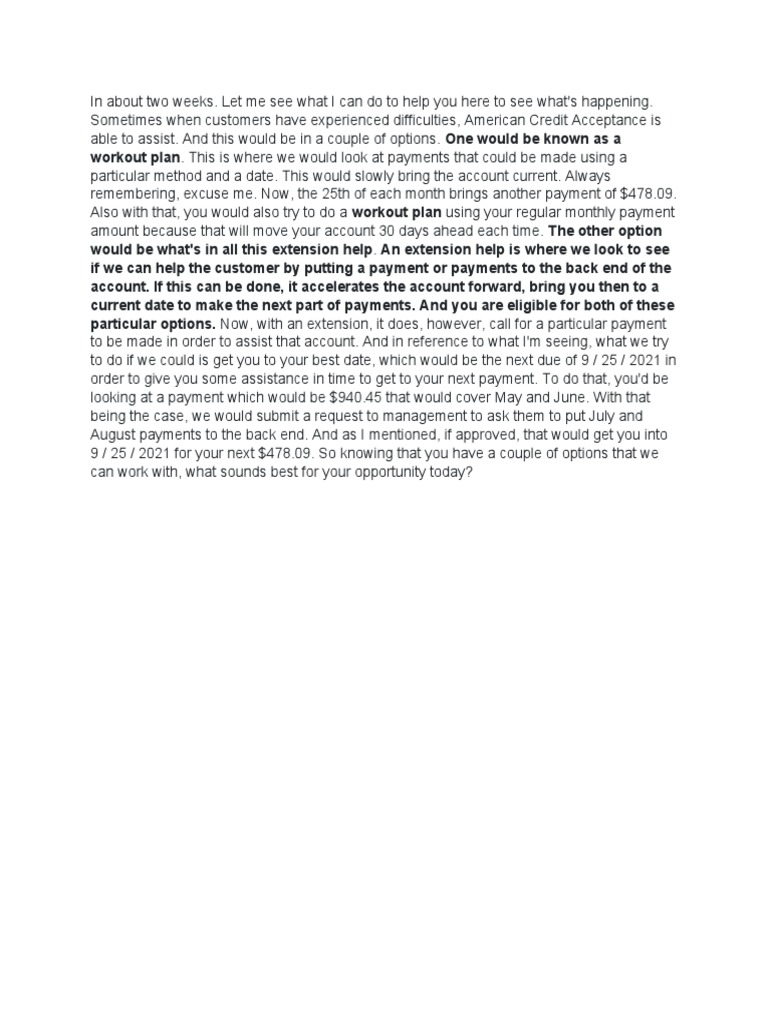 ACA EXTENSION AND WORKOUT PLAN SCRIPT PDF
