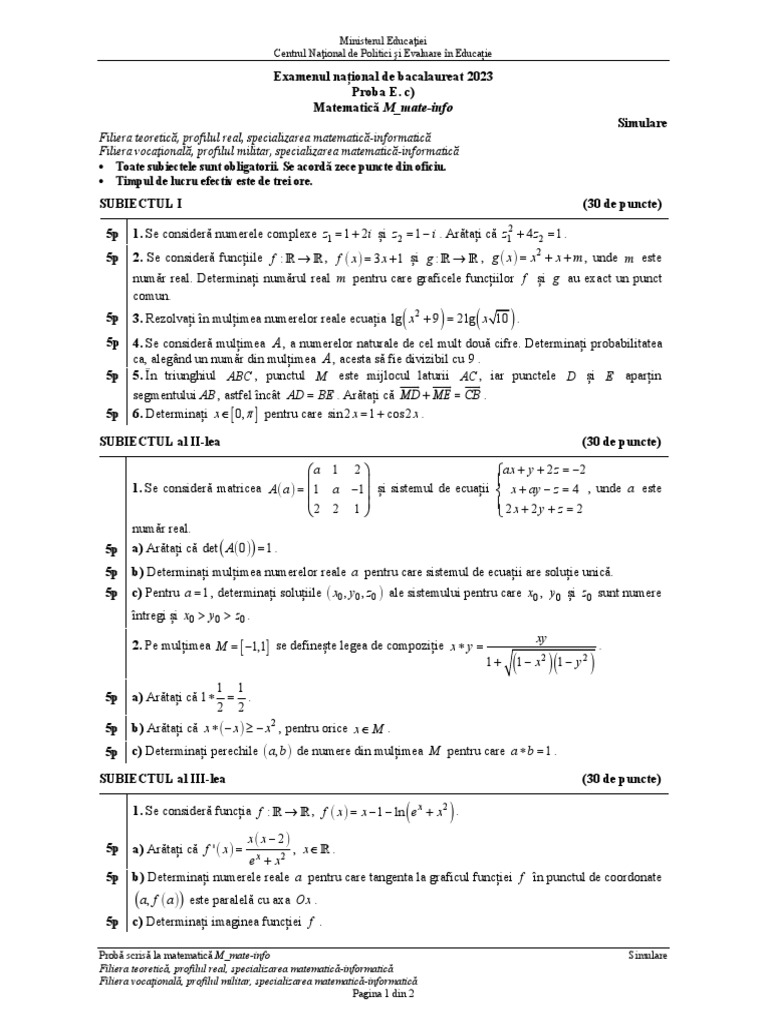 Subiect Matematică - Mate-Info | PDF