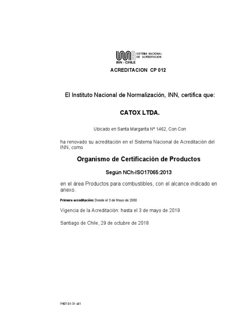 El Instituto Nacional de Normalización, INN, Certifica Que | PDF