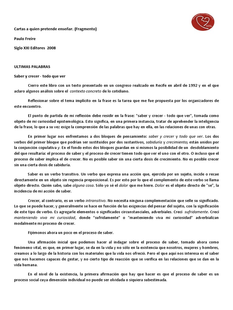 2 Freire. Cartas A Quien Pretende Enseñar | PDF | Experiencia | Verbo
