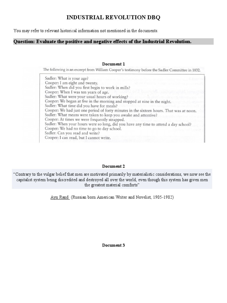 Industrial Revolution DBQ Question Evaluate The Positive and Negative