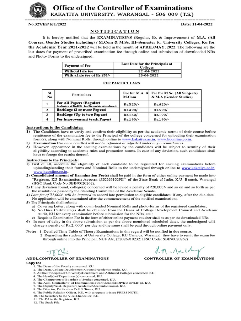 KU Exam Fee Notification 2022 | PDF | Fee