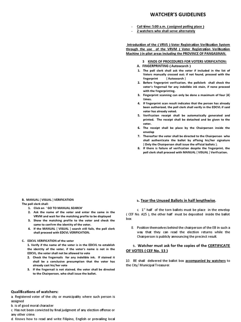 Poll Watcher's Guidelines PDF Polling Place Voting