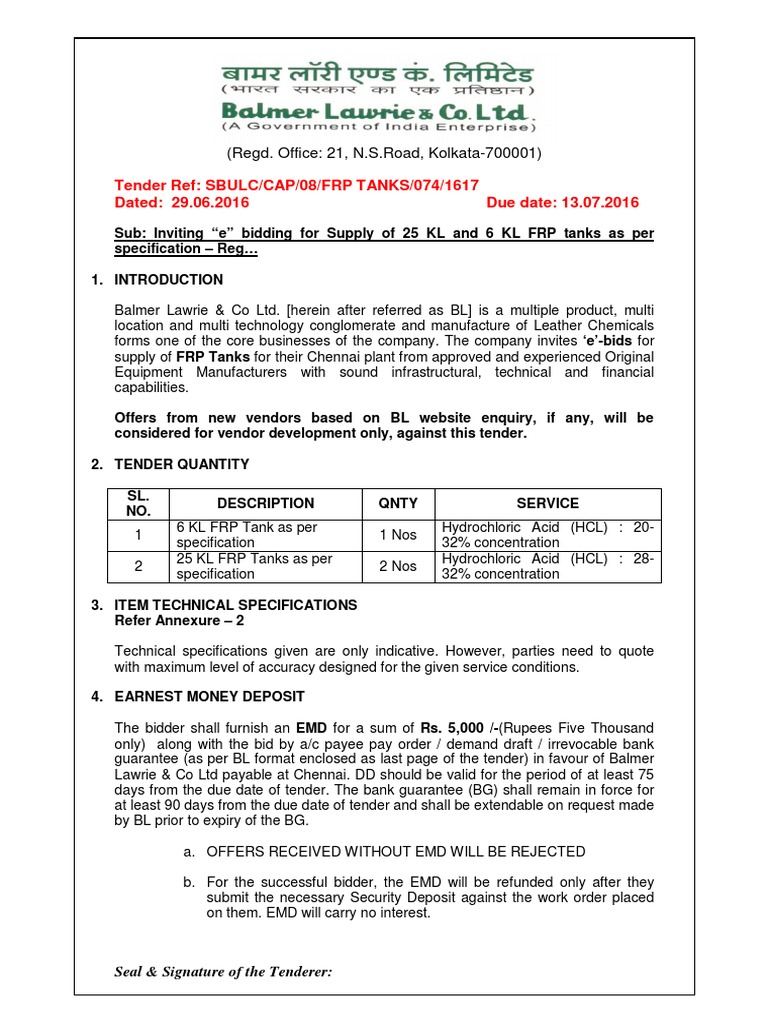 FRP Tanks Tender Download Free PDF Payments Arbitration