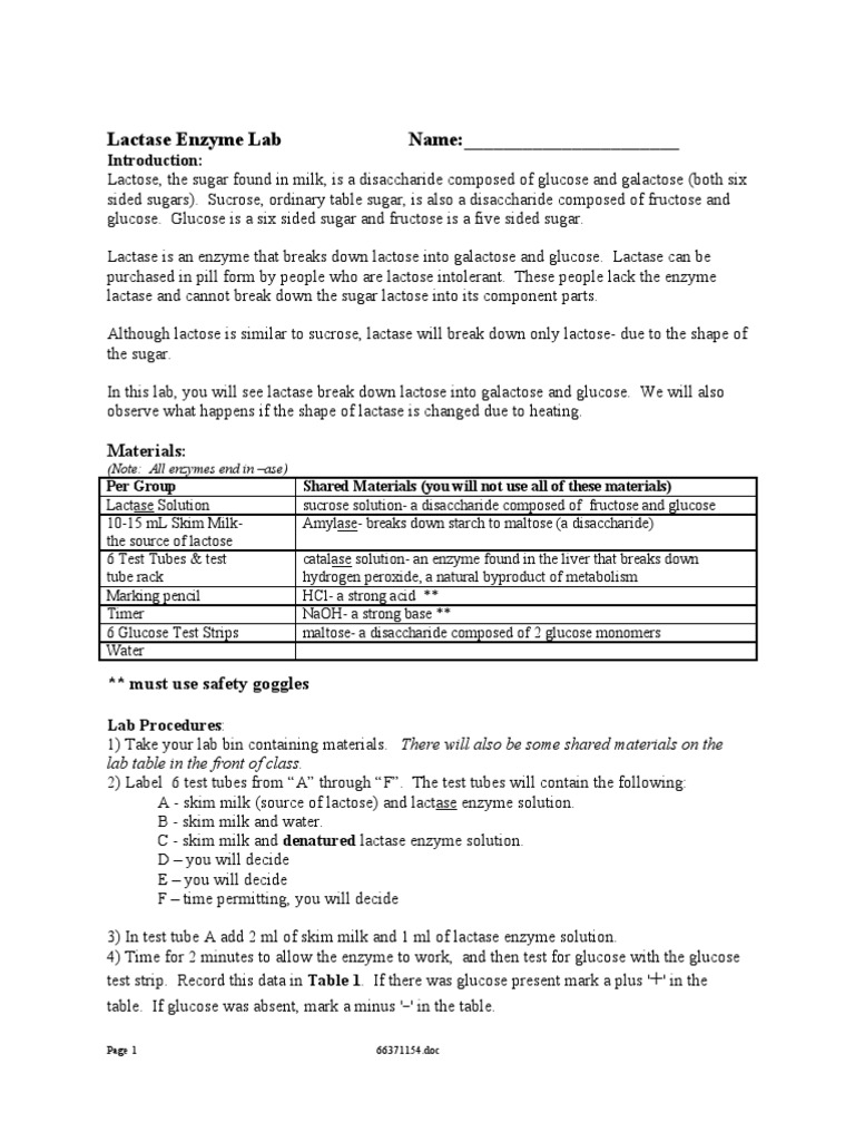 Lactase Enzyme Lab2 Enzyme Glucose