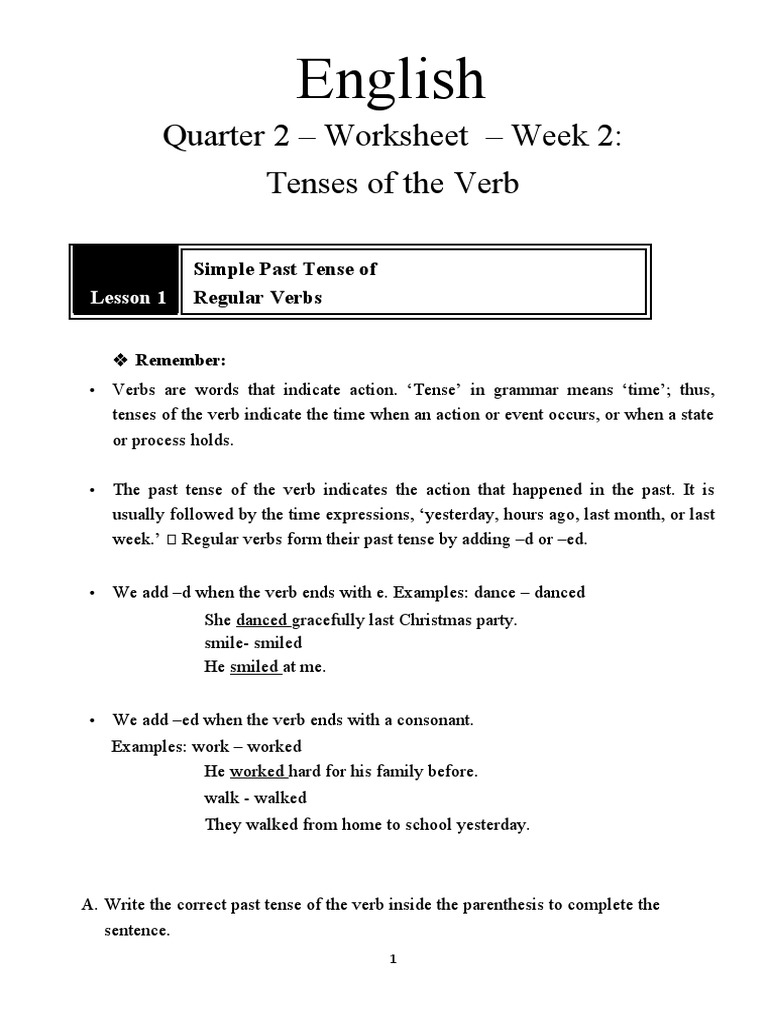 English Quarter 2 Worksheet Week 2 Worksheet | PDF | Grammatical Tense ...