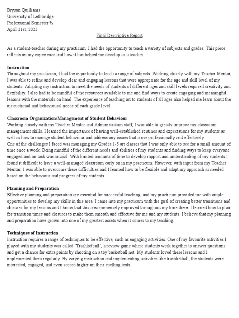 Reflective Teaching Practicum Report | PDF | Teachers | Mentorship