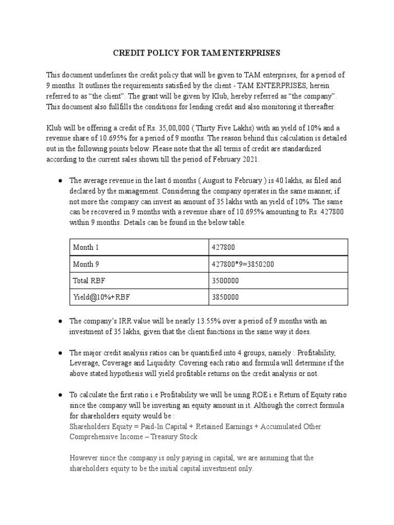 credit-policy-for-tam-enterprises-pdf-equity-finance-return-on