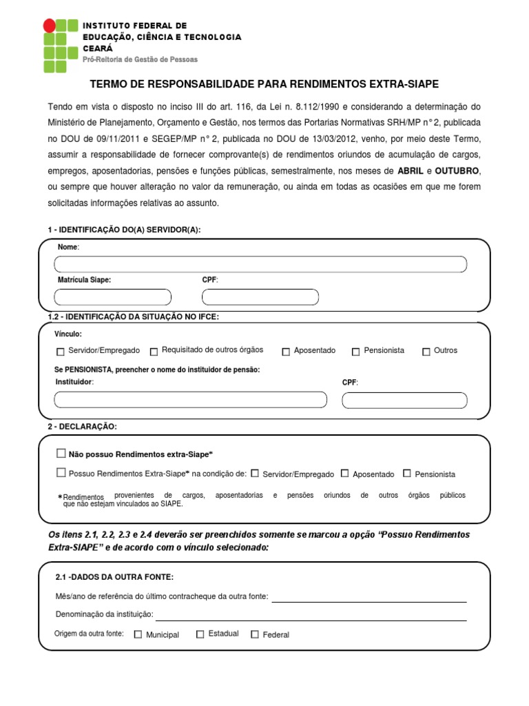 Termo 4655761 termo de responsabilidade rendimento extra siape ifce 1