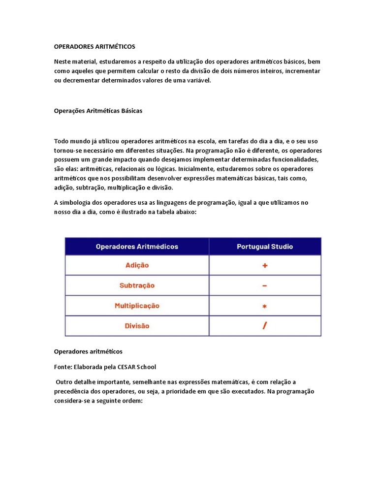Operadores Aritméticos na Programação | PDF | Matemática | Aritmética